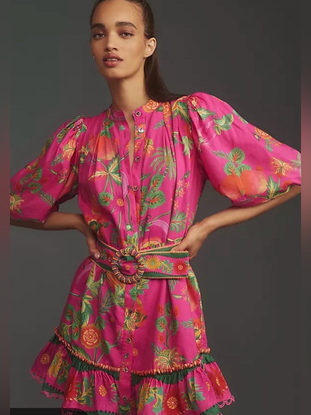 FARM Rio Hot Pink Tropical Floral Button-Front Mini Dress with Belt